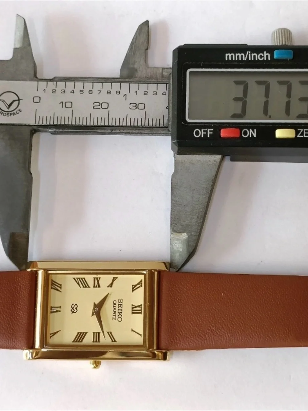 Seiko Gold-Tone Rectangular Watch with Brown Leather Strap